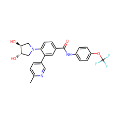 Cc1ccc(-c2cc(C(=O)Nc3ccc(OC(F)(F)F)cc3)ccc2N2C[C@H](O)[C@@H](O)C2)cn1 ZINC001772656979