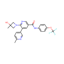 Cc1ccc(-c2cc(C(=O)Nc3ccc(OC(F)(F)F)cc3)cnc2N2CC(C)(O)C2)cn1 ZINC001772624489