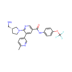 Cc1ccc(-c2cc(C(=O)Nc3ccc(OC(F)(F)F)cc3)cnc2N2CC[C@H](CN)C2)cn1 ZINC001772653686