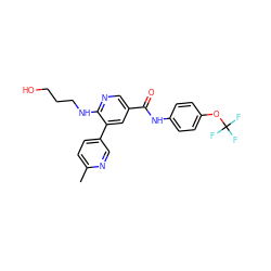 Cc1ccc(-c2cc(C(=O)Nc3ccc(OC(F)(F)F)cc3)cnc2NCCCO)cn1 ZINC001772642280