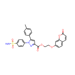 Cc1ccc(-c2cc(C(=O)OCCOc3ccc4ccc(=O)oc4c3)nn2-c2ccc(S(N)(=O)=O)cc2)cc1 ZINC001772656635