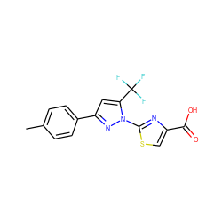 Cc1ccc(-c2cc(C(F)(F)F)n(-c3nc(C(=O)O)cs3)n2)cc1 ZINC000006054178