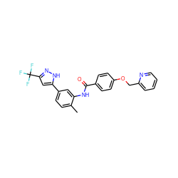 Cc1ccc(-c2cc(C(F)(F)F)n[nH]2)cc1NC(=O)c1ccc(OCc2ccccn2)cc1 ZINC000084703741