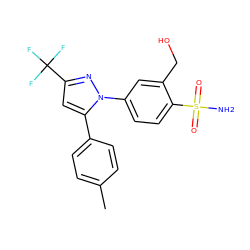 Cc1ccc(-c2cc(C(F)(F)F)nn2-c2ccc(S(N)(=O)=O)c(CO)c2)cc1 ZINC000013588990