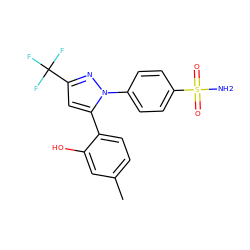 Cc1ccc(-c2cc(C(F)(F)F)nn2-c2ccc(S(N)(=O)=O)cc2)c(O)c1 ZINC000072128697