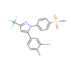 Cc1ccc(-c2cc(C(F)(F)F)nn2-c2ccc(S(N)(=O)=O)cc2)cc1O ZINC000072128516