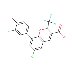 Cc1ccc(-c2cc(Cl)cc3c2O[C@H](C(F)(F)F)C(C(=O)O)=C3)cc1F ZINC000066105025