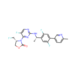 Cc1ccc(-c2cc(F)c([C@H](C)Nc3ncc(F)c(N4C(=O)OC[C@@H]4CF)n3)cc2F)cn1 ZINC000221682456