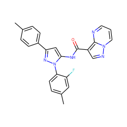 Cc1ccc(-c2cc(NC(=O)c3cnn4cccnc34)n(-c3ccc(C)cc3F)n2)cc1 ZINC000143363456