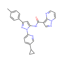 Cc1ccc(-c2cc(NC(=O)c3cnn4cccnc34)n(-c3ccc(C4CC4)cn3)n2)cc1 ZINC000143370828