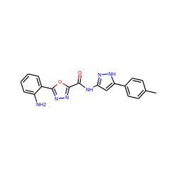 Cc1ccc(-c2cc(NC(=O)c3nnc(-c4ccccc4N)o3)n[nH]2)cc1 ZINC000043013415