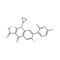 Cc1ccc(-c2cc3c(cc2F)c(=O)c2c(=O)[nH]sc2n3C2CC2)c(C)n1 ZINC000028570240