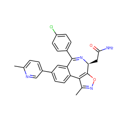 Cc1ccc(-c2ccc3c(c2)C(c2ccc(Cl)cc2)=N[C@@H](CC(N)=O)c2onc(C)c2-3)cn1 ZINC000210659235