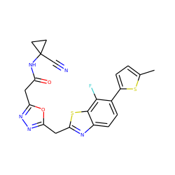 Cc1ccc(-c2ccc3nc(Cc4nnc(CC(=O)NC5(C#N)CC5)o4)sc3c2F)s1 ZINC000149924019