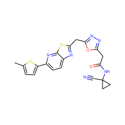 Cc1ccc(-c2ccc3nc(Cc4nnc(CC(=O)NC5(C#N)CC5)o4)sc3n2)s1 ZINC000149925341