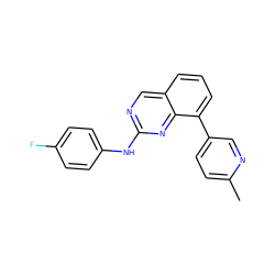 Cc1ccc(-c2cccc3cnc(Nc4ccc(F)cc4)nc23)cn1 ZINC000071316046