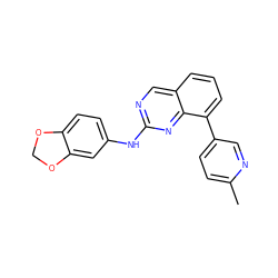 Cc1ccc(-c2cccc3cnc(Nc4ccc5c(c4)OCO5)nc23)cn1 ZINC000071317325