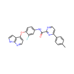 Cc1ccc(-c2ccnc(C(=O)Nc3ccc(Oc4ccnc5[nH]ccc45)c(F)c3)n2)cc1 ZINC000653728138