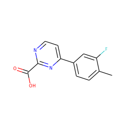 Cc1ccc(-c2ccnc(C(=O)O)n2)cc1F ZINC001772584199