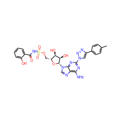 Cc1ccc(-c2cn(-c3nc(N)c4ncn([C@@H]5O[C@H](COS(=O)(=O)NC(=O)c6ccccc6O)[C@@H](O)[C@H]5O)c4n3)nn2)cc1 ZINC000058568420