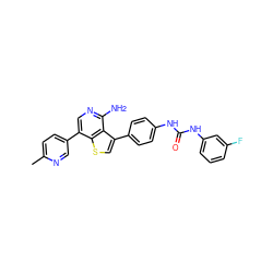 Cc1ccc(-c2cnc(N)c3c(-c4ccc(NC(=O)Nc5cccc(F)c5)cc4)csc23)cn1 ZINC000063298189