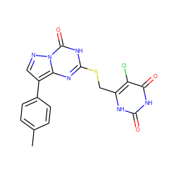 Cc1ccc(-c2cnn3c(=O)[nH]c(SCc4[nH]c(=O)[nH]c(=O)c4Cl)nc23)cc1 ZINC000103288874