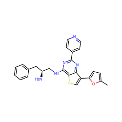 Cc1ccc(-c2csc3c(NC[C@@H](N)Cc4ccccc4)nc(-c4ccncc4)nc23)o1 ZINC000653672875