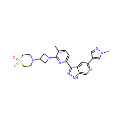 Cc1ccc(-c2n[nH]c3cnc(-c4cnn(C)c4)cc23)nc1N1CC(N2CCS(=O)(=O)CC2)C1 ZINC000205261772