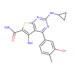 Cc1ccc(-c2nc(NC3CC3)nc3sc(C(N)=O)c(N)c23)cc1O ZINC000073240604