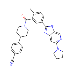 Cc1ccc(-c2nc3cc(N4CCCC4)ncc3[nH]2)cc1C(=O)N1CCC(c2ccc(C#N)cc2)CC1 ZINC000095585388