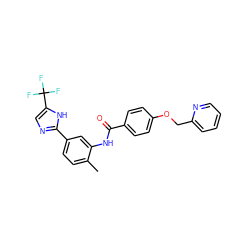 Cc1ccc(-c2ncc(C(F)(F)F)[nH]2)cc1NC(=O)c1ccc(OCc2ccccn2)cc1 ZINC000084687260