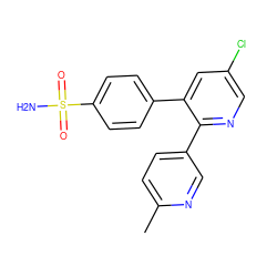 Cc1ccc(-c2ncc(Cl)cc2-c2ccc(S(N)(=O)=O)cc2)cn1 ZINC000003814802