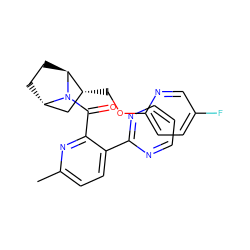 Cc1ccc(-c2ncccn2)c(C(=O)N2[C@H]3CC[C@H]2[C@H](COc2ccc(F)cn2)C3)n1 ZINC000226042621