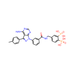 Cc1ccc(-c2nn(-c3cccc(C(=O)NCc4ccc(P(=O)(O)O)c(P(=O)(O)O)c4)c3)c3ncnc(N)c23)cc1 ZINC000042201524