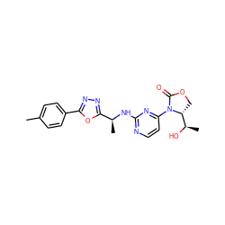 Cc1ccc(-c2nnc([C@H](C)Nc3nccc(N4C(=O)OC[C@@H]4[C@@H](C)O)n3)o2)cc1 ZINC000218235602