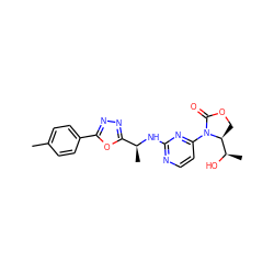 Cc1ccc(-c2nnc([C@H](C)Nc3nccc(N4C(=O)OC[C@H]4[C@@H](C)O)n3)o2)cc1 ZINC000218235533