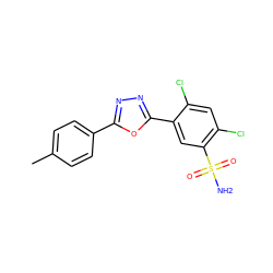 Cc1ccc(-c2nnc(-c3cc(S(N)(=O)=O)c(Cl)cc3Cl)o2)cc1 ZINC000169351742