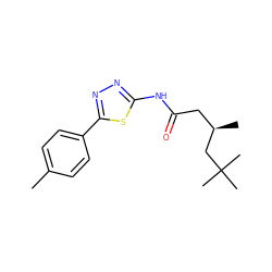 Cc1ccc(-c2nnc(NC(=O)C[C@@H](C)CC(C)(C)C)s2)cc1 ZINC001772626195