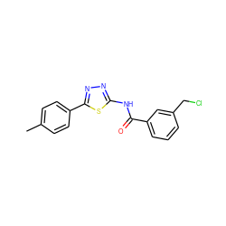 Cc1ccc(-c2nnc(NC(=O)c3cccc(CCl)c3)s2)cc1 ZINC001772626152