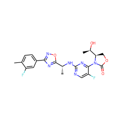 Cc1ccc(-c2noc([C@@H](C)Nc3ncc(F)c(N4C(=O)OC[C@@H]4[C@@H](C)O)n3)n2)cc1F ZINC000221667413