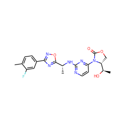 Cc1ccc(-c2noc([C@@H](C)Nc3nccc(N4C(=O)OC[C@@H]4[C@@H](C)O)n3)n2)cc1F ZINC000218203419