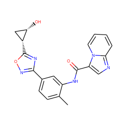 Cc1ccc(-c2noc([C@@H]3C[C@@H]3O)n2)cc1NC(=O)c1cnc2ccccn12 ZINC000206107530