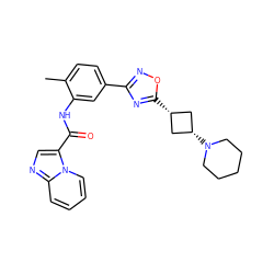 Cc1ccc(-c2noc([C@H]3C[C@@H](N4CCCCC4)C3)n2)cc1NC(=O)c1cnc2ccccn12 ZINC001772637329