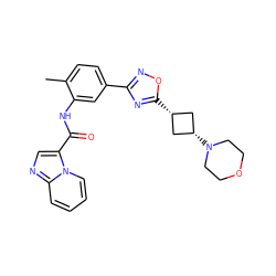 Cc1ccc(-c2noc([C@H]3C[C@@H](N4CCOCC4)C3)n2)cc1NC(=O)c1cnc2ccccn12 ZINC001772597094