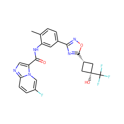 Cc1ccc(-c2noc([C@H]3C[C@](O)(C(F)(F)F)C3)n2)cc1NC(=O)c1cnc2ccc(F)cn12 ZINC000144117078