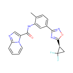 Cc1ccc(-c2noc([C@H]3CC3(F)F)n2)cc1NC(=O)c1cnc2ccccn12 ZINC000206105950