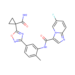 Cc1ccc(-c2noc(C3(C(N)=O)CC3)n2)cc1NC(=O)c1cnc2ccc(F)cn12 ZINC000206128802