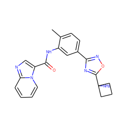 Cc1ccc(-c2noc(C3(N)CCC3)n2)cc1NC(=O)c1cnc2ccccn12 ZINC000206113520