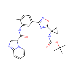 Cc1ccc(-c2noc(C3(NC(=O)OC(C)(C)C)CC3)n2)cc1NC(=O)c1cnc2ccccn12 ZINC000206100195