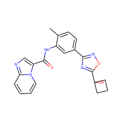 Cc1ccc(-c2noc(C3(O)CCC3)n2)cc1NC(=O)c1cnc2ccccn12 ZINC000206125534